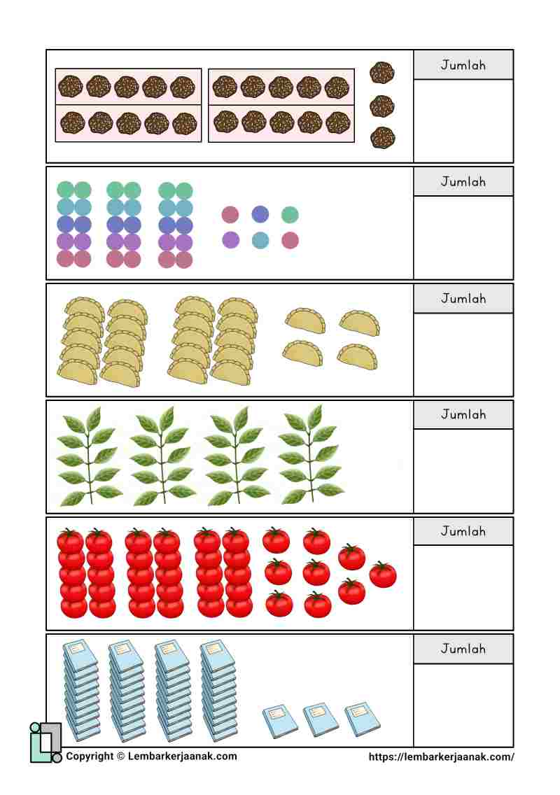 Lembar kerja anak SD matematika bilangan 1-50 berhitung pengelompokan 10