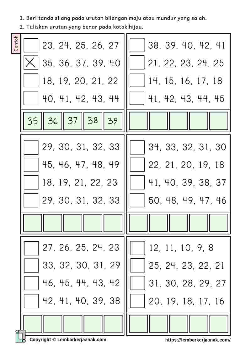 Lembar kerja anak SD matematika koreksi urutan bilangan