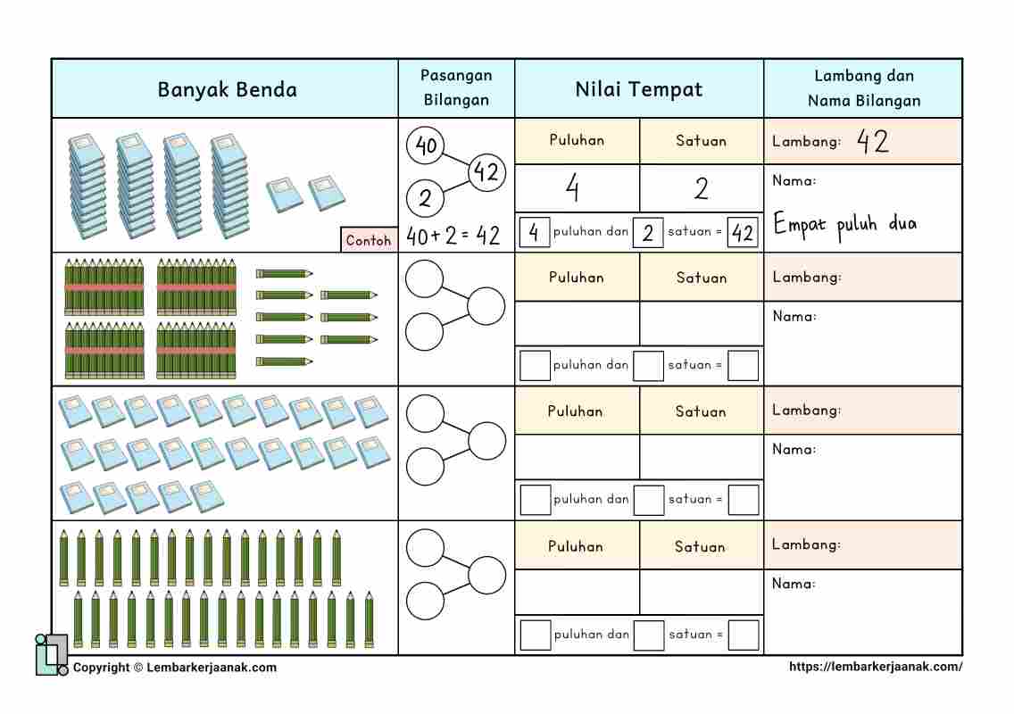 Lembar kerja anak SD matematika pasangan bilangan nilai tempat