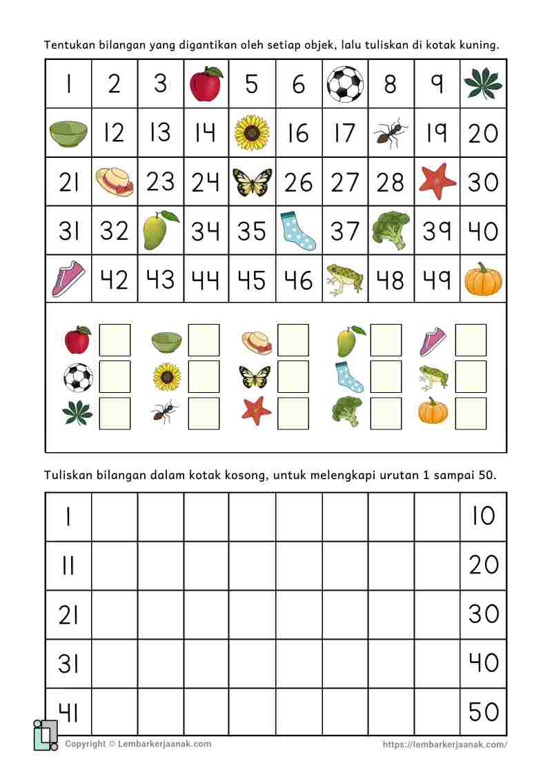 Lembar kerja anak SD matematika urutan bilangan 1-50